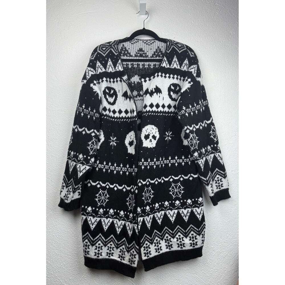 Black White Halloween Cardigan - 1XL - Skulls Bats Fair Isle Goth Spooky Spooky